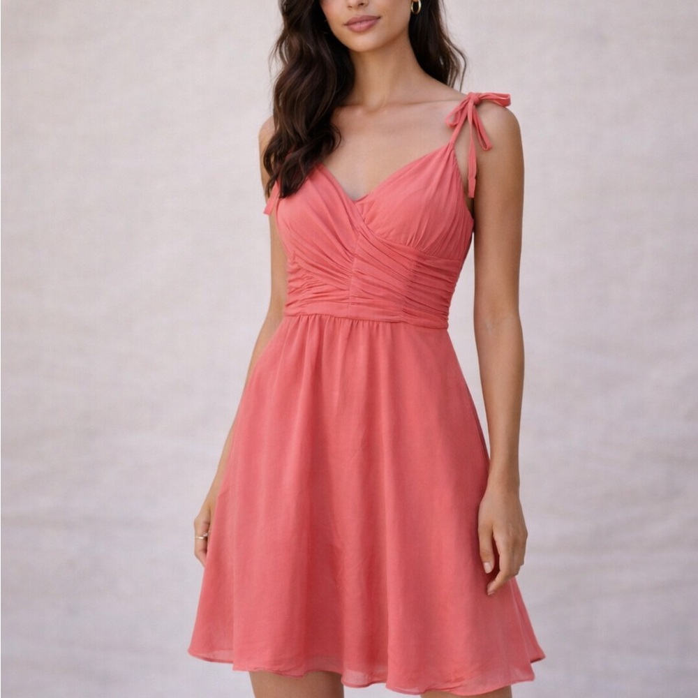 Sandra Angelozzi Silk Midi Dress Coral Ruched Tie Strap Wedding Guest